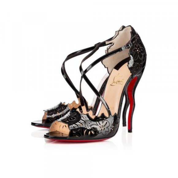 Christian Louboutin 36 1/2 Black Patent Leather Enchantee Laser-Cut Pumps - Picture 1 of 7